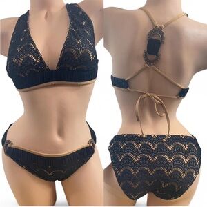 Betsey Johnson Bikini 2 Piece Set Black Over Tan Lace Jeweled